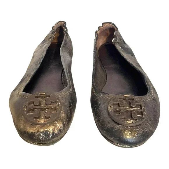 Tory Burch Minnie Leather Ballet Flats 8 Pewter Grey Metallic Double T Logo - Picture 4 of 10